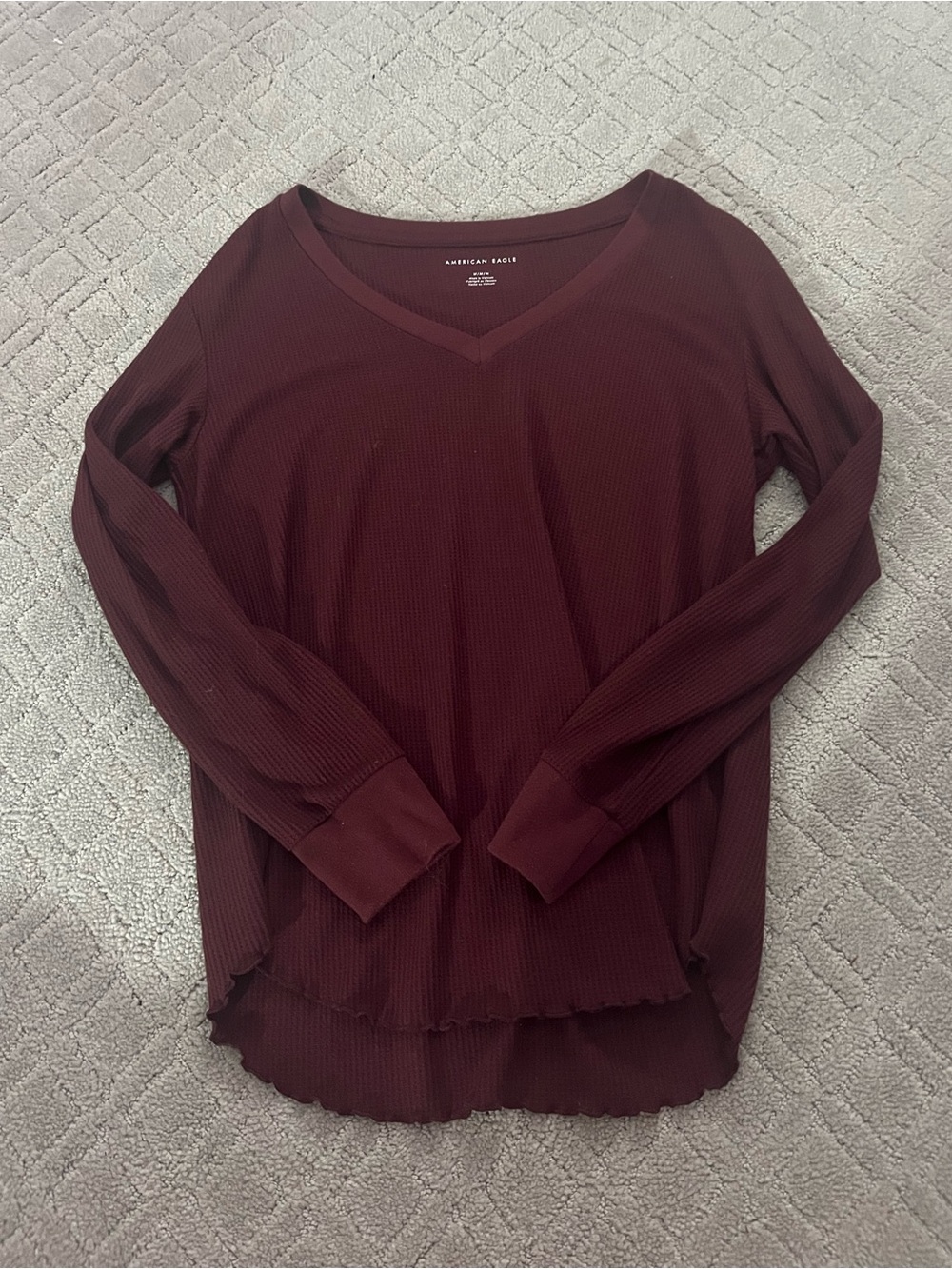 American Eagle Burgundy V-Neck Waffle Long Sleeve Top